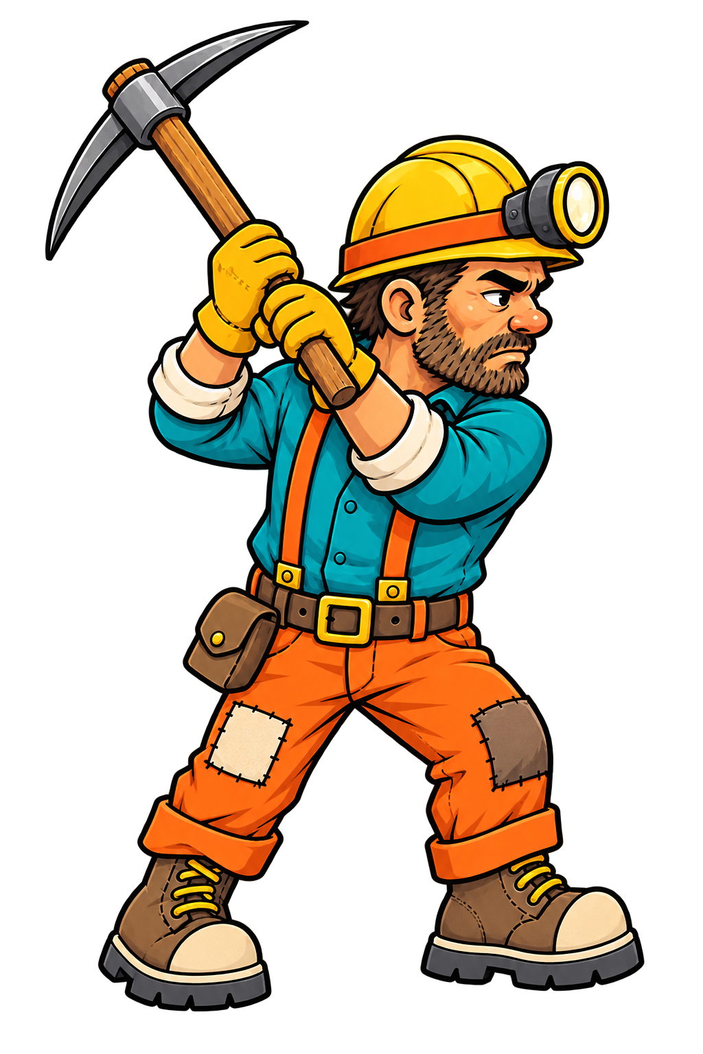 An adult miner raising a pickaxe
